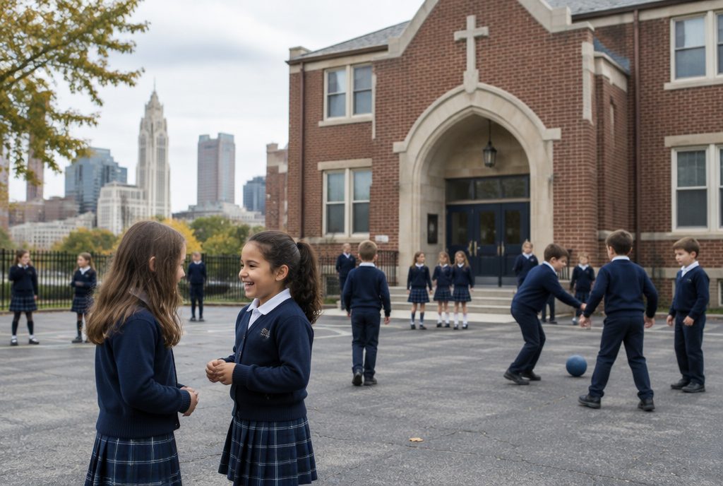 Brick church school building with a playground in a Columbus neighborhood