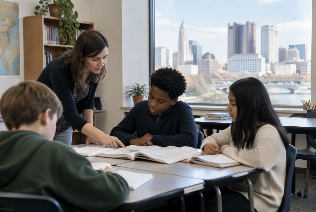 Teacher reading with a small group of students in a Central Ohio private school classroom